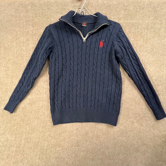 U.S. Polo Assn. Cable Knit Quarter Zip Sweater Pullover Navy Blue Red Pony L - Picture 1 of 6